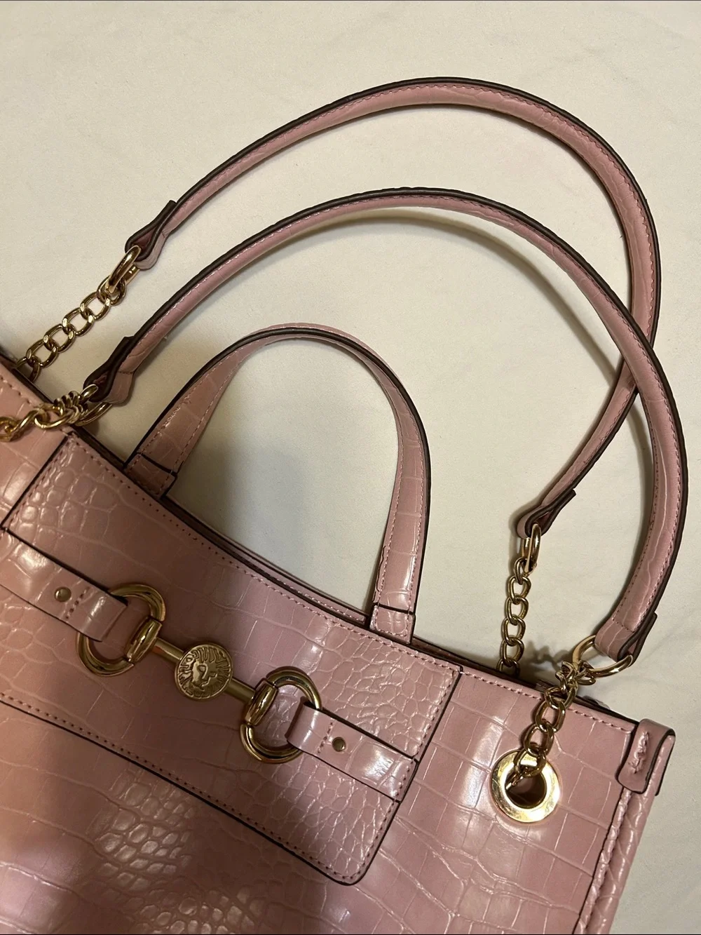 Anne Klein Blush Pink Croc-Embossed Satchel with Gold Hardware